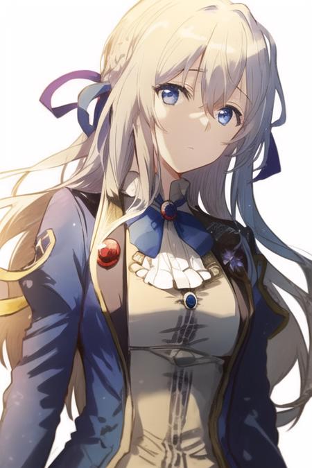 1girl, violet evergarden, solo, blonde hair, blue eyes, ribbon, hair between eyes, jewelry, hair ribbon, blue jacket, red ribbon, brooch, jacket, looking at viewer, white ascot, hair intakes, upper body, closed mouth,white background<lora:rella-style-000010:0.8>