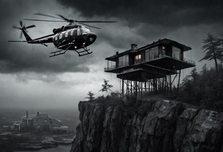 horror-themed A rusted rescue helicopter flying around a fantastic modern house atop a cliff in the middle of a storm, mostly black and white, swamp, shadowy creatures, eerie, unsettling, dark, spooky, suspenseful, grim, dark  themed background.