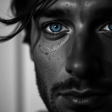 Selective Colouring photo of a close up of a mans face, blue eyes, chiaroscuro