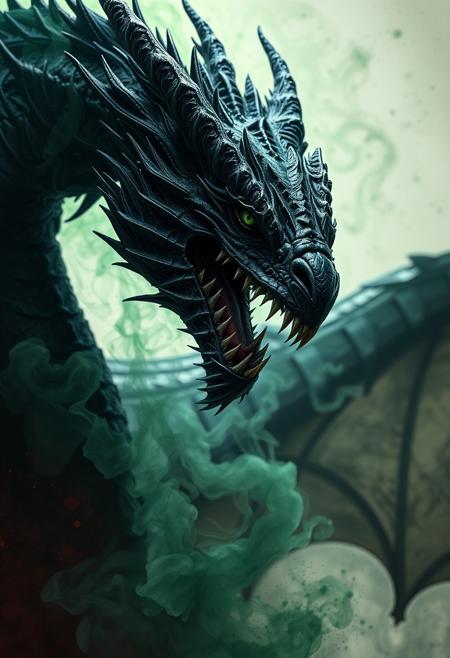 UHD 32k horror movie still, photograph, Fantasy Realism, mesmerizing HDR highly detailed, digital art, half-body portrait, scary black dragon, acid and green smoke, sharp focus, very stylish, chiaroscuro, highly detailed, high definition, hyperrealistic, illustration, seamlessly blending watercolor and alcohol ink elements, UHD, perfect  composition, cinematic, bright lighting, intricate background with acid and green smoke alcohol ink splatters, deep faded and muted triadic colors, trending on artstation