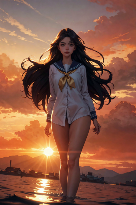 masterpiece, best quality,fancy concpet art,panorama,1gril,solo,floating long hair,white sailor shirt,tiny curvy body,dutch angle,standing on the water,sunset,golden hour,glare,dramatic backlight,colorful cloudscape,reflection,