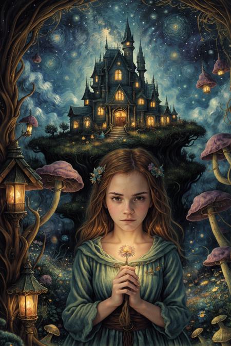 Hermione_Granger_Emma_Watson-4400, best quality, triadic colors, cinematic, official art, book illustration, whimsical, close up big detailed gremlin fluffy creatures with big eyes, fairytale, detailed woman's, surreal, ghostly, transparent, ethereal, bones, nightmare, forest, mushroomed witch house by Craola, magic forest, flowers, rowanberries, Andy Kehoe, John Blanche, complex highly detailed background, child book detailed illustration, fantasy, filigree, filigree detailed, intricated, cute, swirling colors, starry sky by Van Gogh, . swirling colors