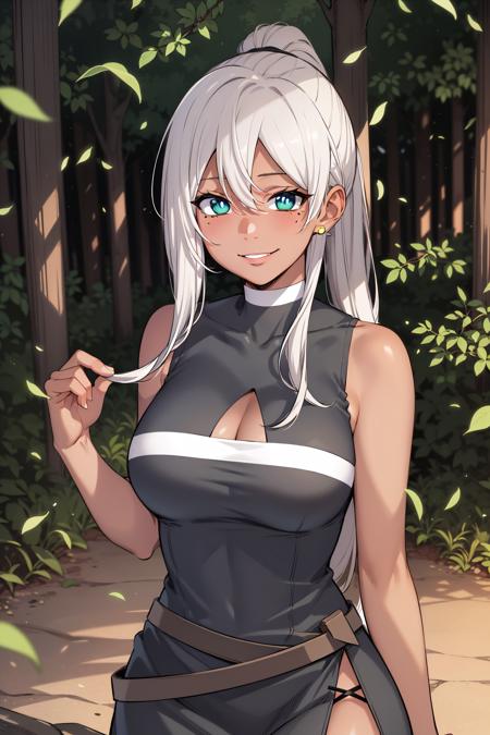 best quality, masterpiece, detailed,
<lora:OverpoweredSword_Karen:0.8>, dark skin,
closed mouth, light smile, light blush,
ponytail, long hair, blonde hair, green eyes, mole under eye, earrings,
black dress, cleavage cutout, sleeveless,
standing, looking at the viewer,
forest, falling leaves