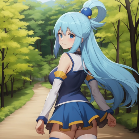 ,<lora:Aqua:1>,
anime screencap,anime coloring,
1girl, long hair, solo, thighhighs, blue eyes, blue hair, smile, detached sleeves, looking at viewer,  hair ornament, forest, hair rings, skirt, white thighhighs, single hair ring, breasts,cowboy shot, ,from behind, walking,looking back,