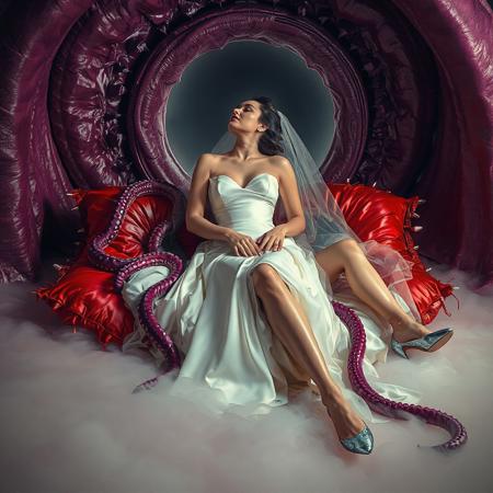 young  russian bride in ivory honeymoon lingerie  surrounded  and kissed by  two classy  slender russian ladies in a  1950s glossy satin black camisoles and  glossy high heels, entangled in long tentacles, laying  reclined in weird red foil pillows, covered with giant ultrathin transparent slime veils,   giant portal to outer space, fog from the floor, giant purple alien carnivorous flower with glossy spiked petals at background, weird alien hive slime walls and fleshy floor, horror, reminiscent of H.R. Giger, Zdzisław Beksinski, and Ash Thorp's dark, sleek styles, with close-up glamour photography, glossy satin and silver heels glistening, fleshy slime dripping, and dark shadows.