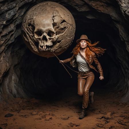 Woman running towards the camera, inside a dark cave. A giant rocky sphere is behind her.
She's wearing a brown fedora, brown leather jacket, baggy pants.  There are lots of skulls and bones on the ground.
She has a worried look on her face.  She has long flowing orange hair.
A leather whip is coiled up on her hip.
