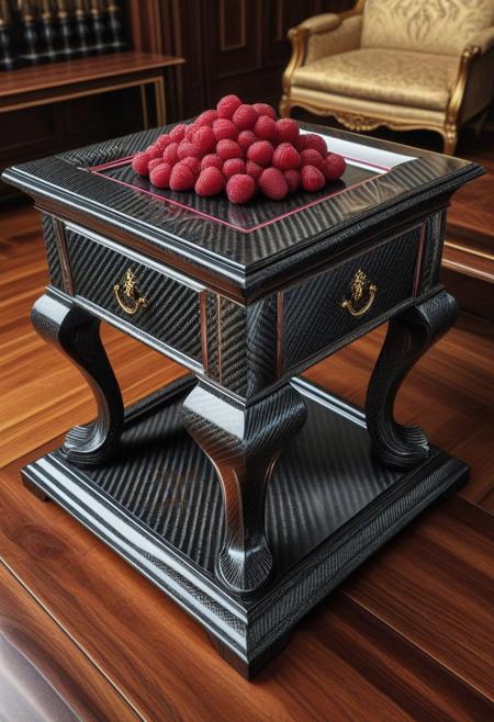 cf_style, carbon fiber rasberry, on wooden table, rich mansion interior, masterpiece, best quality, highly detailed, high resolution, absurdres