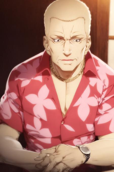 <lora:STEELBALLRUNComicStyle:0.8:lbw=outall>looking at viewer, 
<lora:teppei_lora_lion_dim64_flat2d_repeats-2:0.7>houjouteppei,
middle-aged man, old man, red and pink hawaiian shirt, blonde hair, black eyes, short sleeves, white pants, necklace, wristwatch, cleft chin, (best quality, masterpiece:1.3)