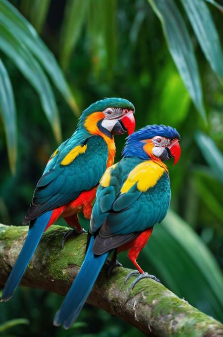 (((masterpiece))),(((best quality))),((ultra-detailed)),
close-up,macro_shot,depth of field,2 colorful tropical birds in the jungle up close,sitting on a branch,hyper-realistic,natural colors,