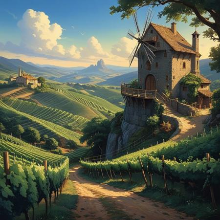 hyperrealistic art  a wanderer between worlds in flowing clothes, (epic landscape:1.5),  (style Ghibli drawing), (style Ghibli painting),best quality, masterpiece, extremely detailed,  professional  art,  professional painting, an extremely delicate and beautiful, dynamic,  great lighting, perfect shading, professional shading, depth of field,   side soft light, elegant, gorgeous, highly detailed,   full shot, uncropped,   pure genious, absolutely perfect,  highly detailed, breathtaking,
Vineyard on steep slate slopes, woodpecker cavity in trunk, horizontal windmill blades,miller adjusting sails , extremely high-resolution details, photographic, realism pushed to extreme, fine texture, incredibly lifelike, Cybernetic flora illustration style, blends plant life with cybernetic elements, dynamic and futuristic composition, professional-grade execution, captures the beauty of bio-mechanical fusion, evokes a sense of innovation and natural harmony