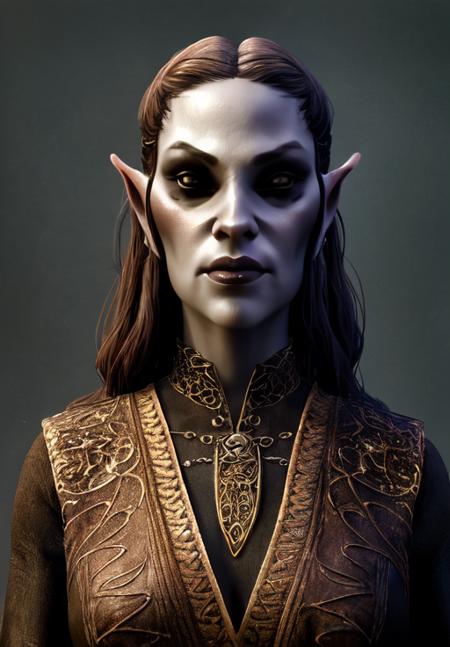 a woman, <lora:Dunmer-Female:0.8>, Dunmer-Female, 1girl, solo, portrait,, (masterpiece, best quality, absurdres, detailed, ultra-detailed:1.3), charming