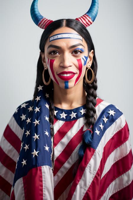 portrait photo of (alexandria ocasio cortez:1.0) as (female q4n0n5h4m4n:0.9), horns, patriotic facepaint, detailed face, hasselblad h6d-400c 1.4, outside washington dc