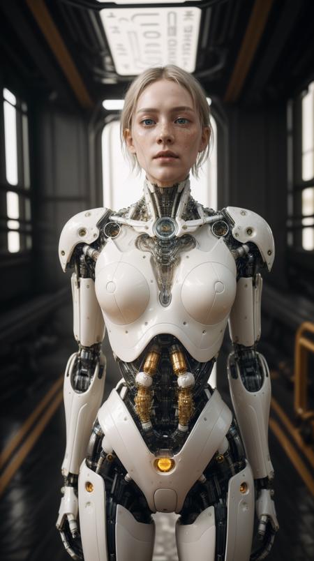 masterpiece, insane details, intricate details, ultra quality, unity 8k wallpaper, raw photo, white and bright theme, 1mecha, silver and short hair, pale skin, freckles, (closed mouth:1.2), (Expressionless, Indifferent), There is a tube attached to the back, (Thin waist, Wide hips), biomechanical, complex robot, Extremely sharp lines, mechanical, cyberpunk, scifi aesthetic, science fiction, IvoryGoldAI, hyper realistic, hyperdetailed, (photorealistic:1.4), best quality, 8k <lora:ST_insanobot:0.8> <lora:IvoryGoldAIv2:0.3>