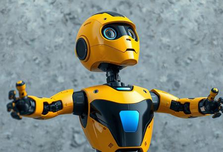 An award-winning, hyperrealistic 4K close-up photograph of a toy robot, meticulously rendered with Octane Render and Unreal Engine 5. The main subject, a yellow and black robot with a vibrant blue stripe on its chest, is presented with lifelike details and a handcrafted precision. Its head is subtly tilted left, showcasing beautiful detailed eyes (interpreted as sensors), and its arms are outstretched in a dynamic action pose, conveying a proactive expression and a certain 'sexy look' through sleek design. The texture of its metallic casing reflects the highest quality, with sharp lines and subtle brush strokes (digital texture strokes). The background is a stark, gray concrete wall, rendered as a beautiful matte painting, providing a dramatic contrast. Captivating lighting creates vivid emotions and a joyful impact. The impeccable composition, utilizing a creative angle and balanced editing, emphasizes intentional focus on the robot. Multi-colored, harmonious, complementing colors define its contemporary aesthetics. Trending on ArtstationHQ and CGSociety, this overdetailed digital art piece, conceived as concept art, achieves the most beautiful image ever created, embodying subtle details and a powerful message. Golden Ratio. Well-timed moment. Beautiful scenery (abstracted from concrete).