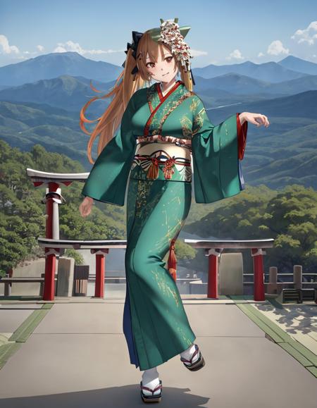 (extremely detailed CG unity 8k wallpaper),(masterpiece), (best quality), (ultra-detailed), (best illustration),(best shadow), japan, torii, mountains
BREAK
(ump9kimono:1.4), :3,
 <lora:UMP9:1>