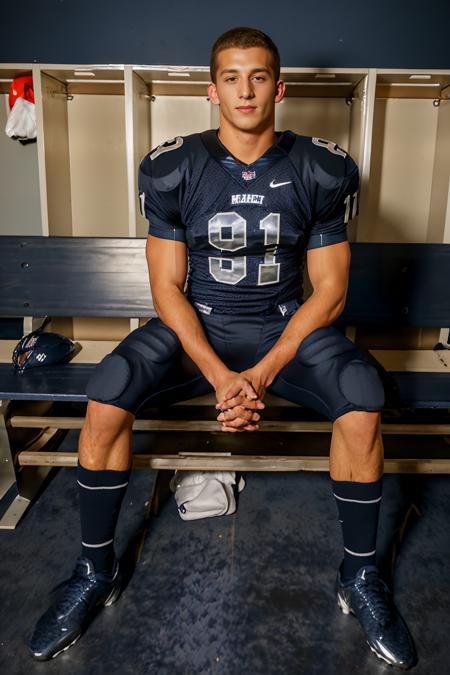 in an American football locker room, (sitting on a bench), legs spread open, DrakeTyler, American football player wearing American football uniform, American football shoulder pads, (dark blue jersey:1.6), (jersey number 81), ((dark blue football pants and pads)), (silver socks), (sneakers), slight smile, masterpiece, (((full body portrait))), full body shot  <lora:DrakeTyler:0.8>