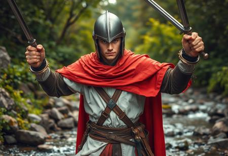 Ultra-realistic cinematic photograph of a male in detailed epic fantasy cosplay, featuring a metallic helmet with a closed visor, white and brown tunic, and a striking red cloak draped over their shoulders. The cosplayer is captured in a dynamic action pose, holding two swords aloft, one in each hand, ready for immediate combat. The setting is a natural environment with a rocky stream in the foreground and lush, vibrant greenery surrounding, creating a medieval ambiance. Emphasize Lifelike Details, Super Detailed Face and Eyes and Clothes, capturing the intricate textures and materials. High-res, 4K, Exceptional Quality, High Quality, Octane Render, Unreal Engine 5 lighting, Captivating Lighting, Well-timed Moment, Intentional Focus, Balanced Editing, conveying a powerful sense of readiness and adventure. Trending on ArtstationHQ for photorealism.