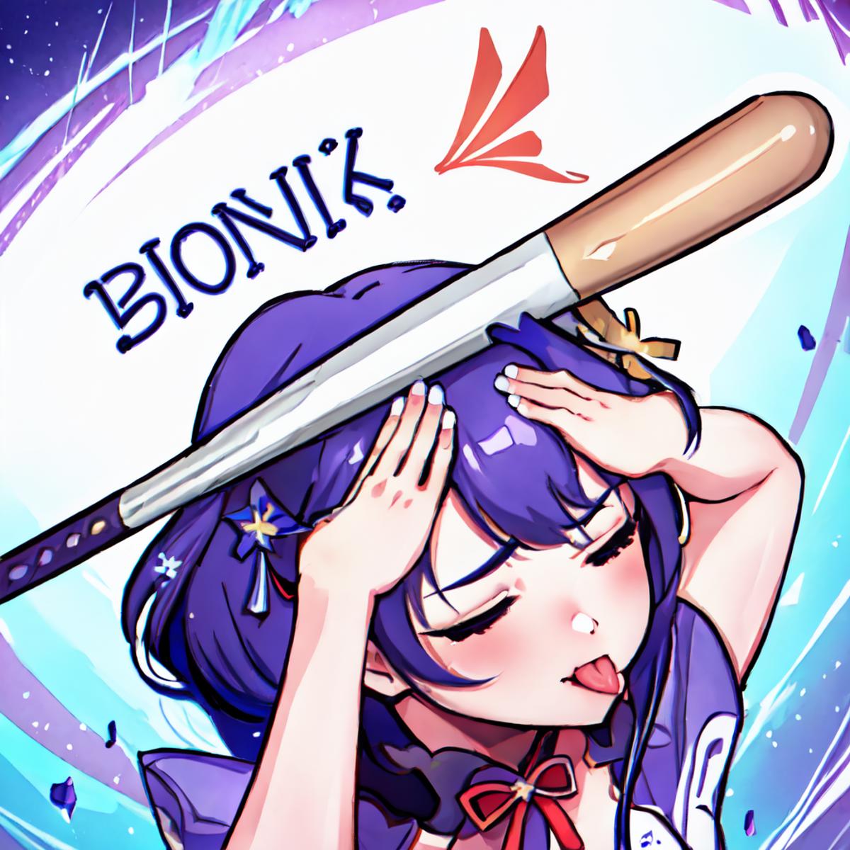 A cartoon girl with a baseball bat on her head holding her forehead.