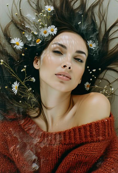 medium portrait, windswept long haired brunette, wildflowers in her hair, alabaster skin, fractured by crystalline sugar highlights, swirling inky chaos, red wool jumper against liquid gloss.
sugar crystallizes on collarbone. mist hugs to her silhouette, dissolving into surreal patterns.
