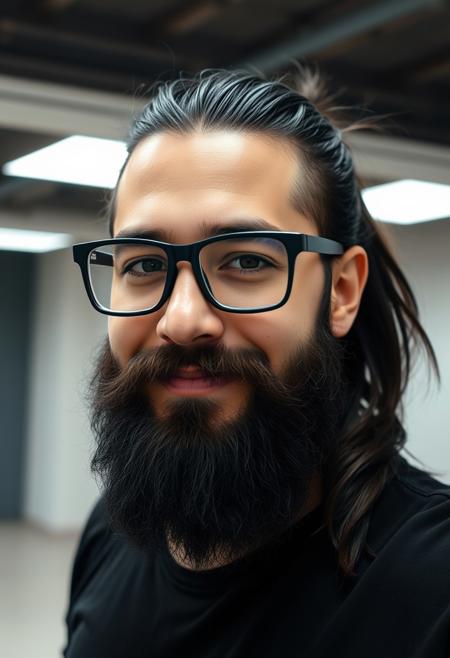 Selfie of a 32 year old male, attractive face, white, American, [Mexican], long dark hair with shaved sides, hair in a ponytail, [sad eyes], brown eyes, small nose, (full lips), thick long groomed beard, iphone camera picture, digital photograph, black rectangle glasses. confident face, [smille], wearin a black shirt,