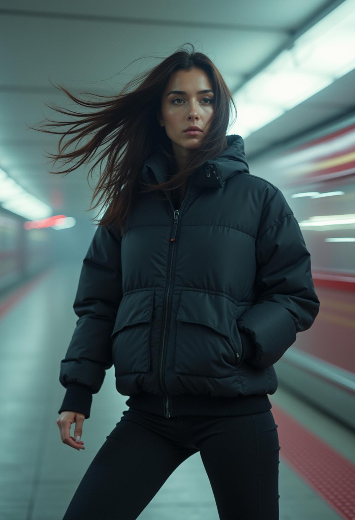 a woman   ,(Japanese techwear:1.4) ,  , Motion blur, action,
