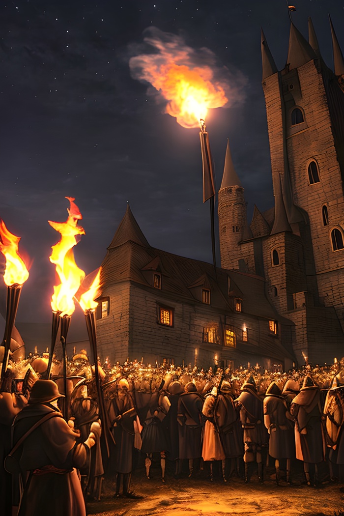 Mob of peasants holding torches and pitchforks, medieval fantasy, gothic horror, nighttime, spooky castle background, hig...