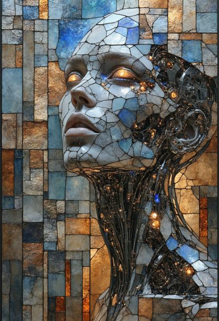 Construct a photorealistic rendering of a colossal, decaying automaton, fractured into stained-glass facets. Multiple perspectives collapse into a single, complex composition, with gears, pipes, and limbs rendered as geometric shards radiating a faint, ethereal glow. The color palette employs deep copper, tarnished silver, and sapphire blue, emphasizing intersecting lines and fragmented forms. Integrate subtle photorealistic details within each glass facetâthe texture of aged metal, the glint of internal mechanismsâto create a compelling blend of abstract geometry and tangible history, evoking a sense of lost purpose and mechanical melancholy.