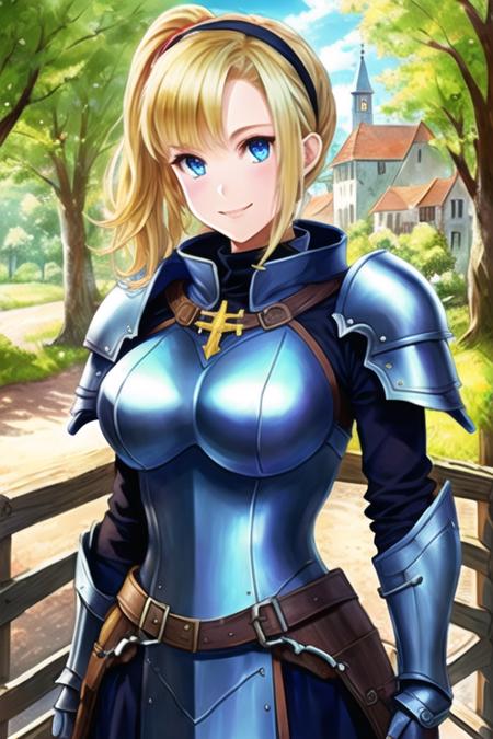 1girl, samus aran, ((highly detailed eyes)), vanillaware-32900, intricate details, round pupils,  detailed pupils, modelshoot style, blonde hair, (blue eyes), ponytail, (((portrait))), (((armor))), ((looking at viewer)), smile, short hair, soft lighting, trees, forest, samdoesart, (((medieval town))), ((fantasy)), ((cartoon))