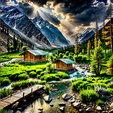 a majestic view of the northern areas of Pakistan, lush green valleys, snow-tipped mountains, river flowing through rocky terrain, cloudy sky with golden sunlight rays breaking through, occasional rain showers, misty atmosphere, cool breeze, pine and deodar trees, a trekking path winding through the valley, a lone wooden cabin nestled in the mountains, ultra realistic, DSLR photo, sharp focus, cinematic lighting, cool color tones, 8k detail