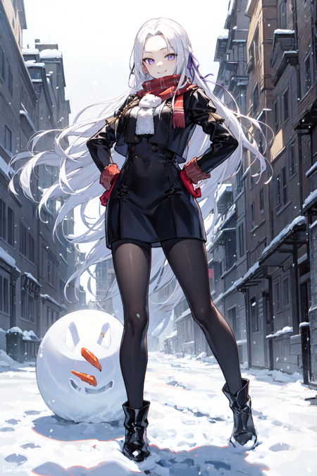 edelgard von hresvelg, 1girl, white hair, purple eyes, long hair, hair ribbon, black dress, black jacket, black shorts, red cape, red pantyhose, white gloves, high heels, ascot