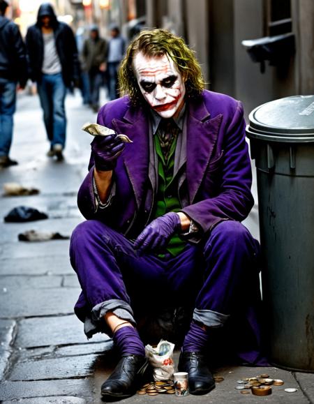 <lora:PE_Joker_DarkKnight:0.8>  PEJoker,  homeless joker is sitting on the dirty street and begging for money with one open hand, next to a trash can, some coins in front of him, tilted sad face, torn clothes, helpless, heroin addicts, masterpiece, best quality, highly detailed, photorealistic, high resolution, professional photo, <lora:add-detail-xl:1>