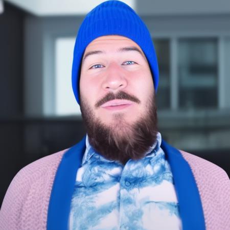 a man with a beard and a blue jacket looking up at the camera cinematic lighting PitchMeetGeorge