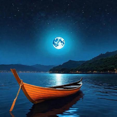 boat in the water under the moon in the night, vibrant, backdrops, nature, art, dark orange and sky-blue, fairy, zen, ultra realistic, hyper detailed  v 5.2