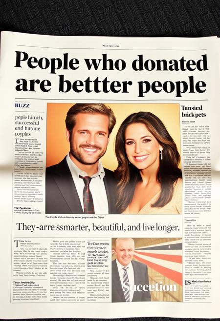 a newspaper with the headline "People who donate BUZZ are better people."
The subheading reads "They are smarter, beautiful, and live longer." It also includes an image of a handsome, rich, and successful COUPLE
