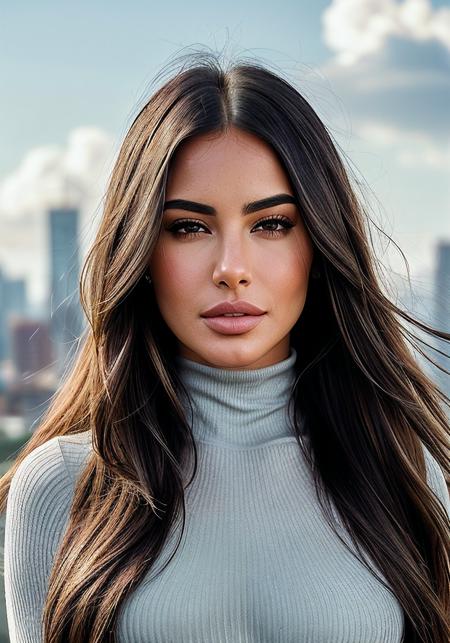 beautiful woman (Zayn3b4zz4m:.99), beautiful hair, elegant,  ((portrait)), (closeup:1.1), ((from the waist up)), (sunlit city:1.2), (at noon, small clouds:1.5)  hair blowing in wind, wind lift, natural skin texture, ((turtleneck leotard  with spandex tights:1.2)), 24mm, 4k textures, soft cinematic light, adobe lightroom, photolab, hdr, intricate, elegant, highly detailed, sharp focus, ((((cinematic look)))), soothing tones, insane details, intricate details, hyperdetailed, low contrast, soft cinematic light, exposure blend, hdr, faded,