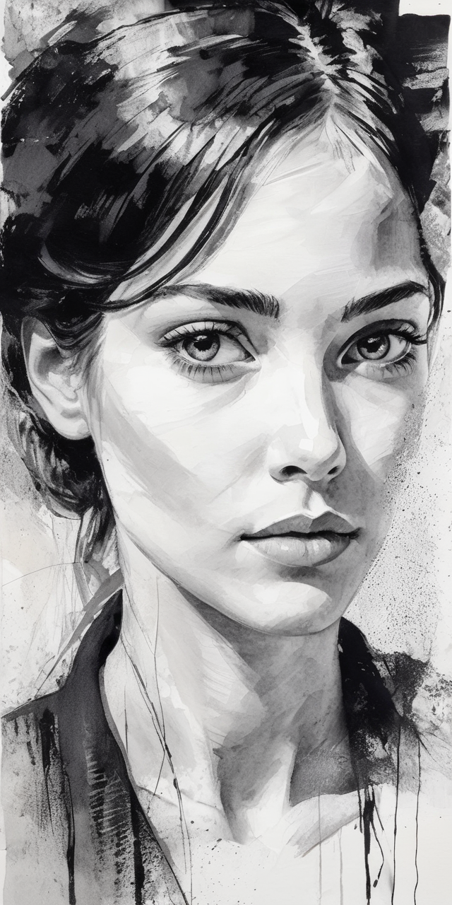 a drawing of a woman, portrait, lookin at the camera, black and white, hints of oil painting style, hints of watercolor st...