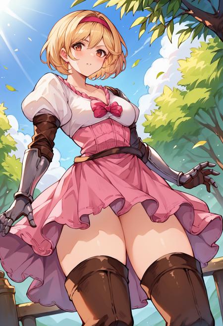 djeetadef, pink hairband, dress, puffy sleeves, gauntlets, brown thighhighs, thigh boots