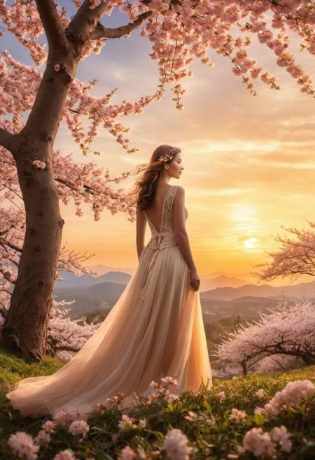 Golden ratio composition of a magical landscape at sunrise, 
vibrant with blooming flowers, 
overlaid by playfully diffused rays of ocher light, 
ensnaring an ethereal character of myth, 
framed by voluminous cherry blossoms in the foreground, 
UHD, 
photo realistic