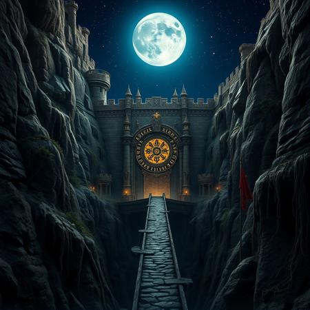 High quality, photo realistic image of an ancient castle excavated from the living rock of a rugged mountainside. its features detailed architectural elements such as battlements, towers and an immense bronze gate  surrounded with mysterious glowing runes.  The gate is accessible via a long, steep, path that crosses a bridge, straddling a steep ravine. The surrounding landscape is composed of steep, rocky cliffs, a few weather beaten trees and vines clinging to the hillside.  In the star studded inky blue sky a bright full moon illuminates the scene with a spectral radiance creating a dark, moody atmosphere, enhanced by the play of light and shadow.