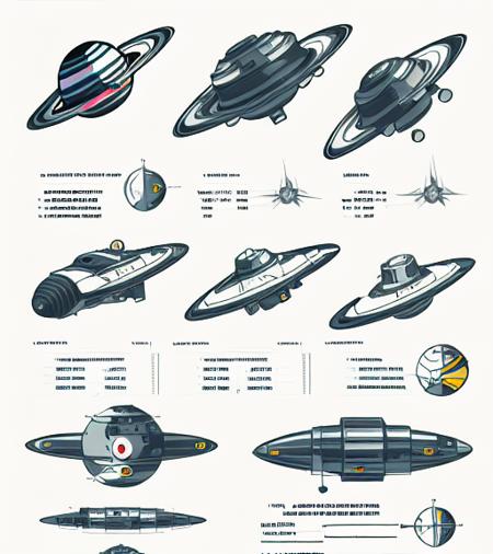 outer space spaceship design sheet page scan, informative texts and graphs, concept sheet illustration