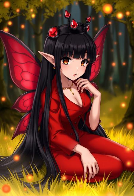 score_9, score_8_up, score_7_up, score_6_up, score_5_up, score_4_up, dynamic scene, 1 fairy girl, long black hair, sitting, hand on grass, very long hair, bangs (black crown with red stones on head: 1.5), head over shoulder, brown eyes, makeup, red lips, plump lips, big red butterfly wings on back, red suit, slim, sexy, seductive , sensitive face, surprised, raised eyebrows, erotic emotions, gold ear jewelry, gold neck jewelry, elf ears, yellow-green forest, night, firefly lights, many fireflies, many small red lights in the background (full body: 1 ,5)
