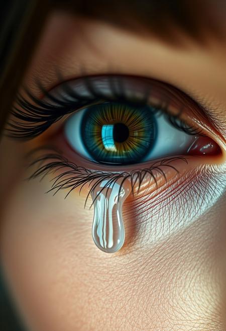 ultra-detailed macro shot of a single woman's eye, sharp focus on iris and eyelashes, crystal-clear teardrop forming and falling from the lower eyelid, tear reflecting light, cinematic close-up, photorealistic textures, moist skin, soft natural lighting, emotional intensity, perfectly symmetrical eye, shallow depth of field, skin pores and tiny facial hairs visible, 8k resolution, extreme realism
