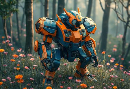An ornate blue and orange Superheavy Samurai Soulpeacemaker robot stands proudly, poised on grass within the mystical Forest of Lost Flowers. Vibrant blue body, orange limbs, black control panel, striking orange and black head with large white eyes. Intricate components, sharp lines. Cinematic isometric view, captivating lighting, golden ratio. Splash Ink illustration, Octane Render, Unreal Engine 5, Matte Painting, trending on Artstation, CGSociety. 8k resolution, intricate details, impeccable composition.