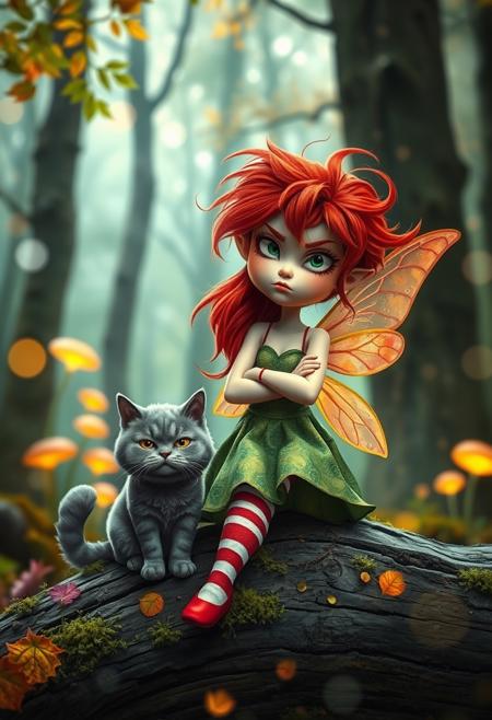 A whimsical fantasy scene featuring a grumpy yet beautiful fairy with vibrant, tousled red hair, dressed in a green dress and red-and-white striped stockings. The fairy has translucent, shimmering wings tinged with orange and pink and sits on a moss-covered log. Beside her is a grumpy, fluffy grey cat. The background is a mystical forest with ethereal light filtering through tall trees, adorned with bright green leaves and glowing mushrooms. Soft, colorful bokeh lights float around, enhancing the magical ambiance. Both fairy and cat have expressive, slightly annoyed facial expressions. The overall color palette includes warm autumn hues, with rich greens, reds, and golds in the foreground, contrasting with the cooler, muted tones of the woodland background.  The scene has a playful yet slightly melancholic feel, combining lively details with soft, dreamlike textures.