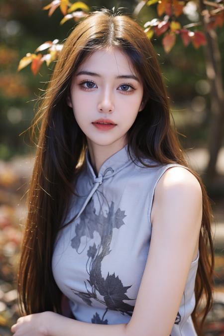 1girl,very long hair,rim light,absurdres,(autumn maple forest:1.3),very few fallen leaves,(path),botanical garden,portrait,white printed cheongsam,