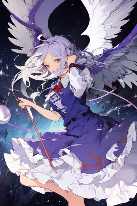 sariel_(touhou) solo, 1girl, toriel, silver_blue_hair, smile, crazy_grin, red_eyes, purple dress, emblem_on_chest, tabard, large_breasts, long_sleeves, hair_between_eyes, very_long_hair, wings, ((multiple wings, seraph)):2, angel wings, feathered wings, angel_with_six_wings, white wings, 