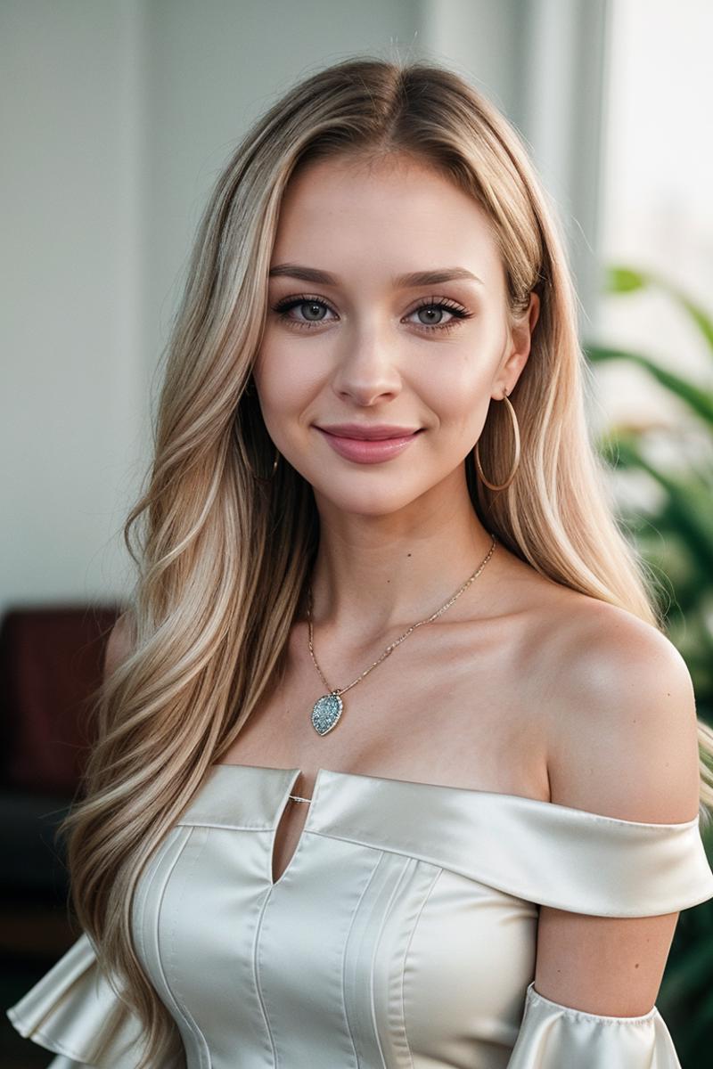 Blonde woman with a necklace and earrings posing for a photo.