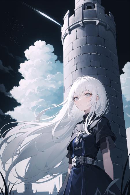 1girl, solo, white hair, long hair, grey eyes, bangs, black background, parted lips, star \(sky\), upper body ,scenery, outdoors, sky, cloud, grass, day, castle, blue sky, path, tower, cloudy sky, building, road, wall 
//,
///////////  <lora:netural-000193:1>