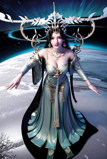 <lora:liushen3:0.85>(liushen)
 1girl, magic, long hair, solo, blue fire, fire, dress, full body, lightning, wide sleeves, spirit, black hair, (chinese traditional style), chinese clothes, (hair ornament), glowing, (hitodama), energy, barefoot, horns, green hair, breasts, floating, green dress, green magic, green light,looking at viewer,close up,
(8k,4k),ultrares,(highres:1.6),(masterpiece, top quality, best quality),extreme detailed,(colorful:1.4),highest detailed,ultra-detailed,(highly detailed CG illustration),ultra-fine painting,(Vivid Colors:1.1):1.4, 1girl, solo, looking at viewer,(masterpiece), (best quality), (ultra detailed),(highres), absurdres, (ultra realistic 4k CG), delicate pattern, intricate detail,best illumination,best shadow,natural lighting, 1girl, solo,necklace,earings,jewelry, ((black hair:1.2)), solo, earrings, long hair, necklace,smile, floating hair, (Japanese style architectures:1.2 at the downside),outdoors, Area occupied by the girl is less than 1/2 of the total area, (floating in the sky),long legs,(large breasts),cleavage,upper body,
(pov:1.85),
show legs,
<lora:more_details:0.5> <lora:epi_noiseoffset2:1>