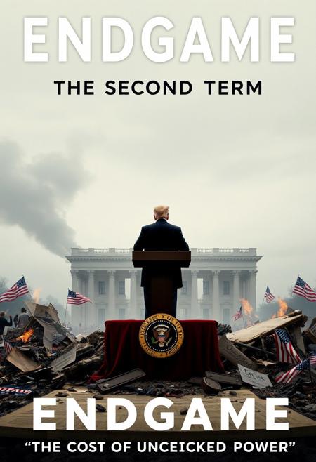 a movie poster for the movie Titled: "Endgame: The Second Term"
Trump standing on a broken podium, surrounded by ruins of the Constitution, with scattered protest signs and burning flags. "The cost of unchecked power."